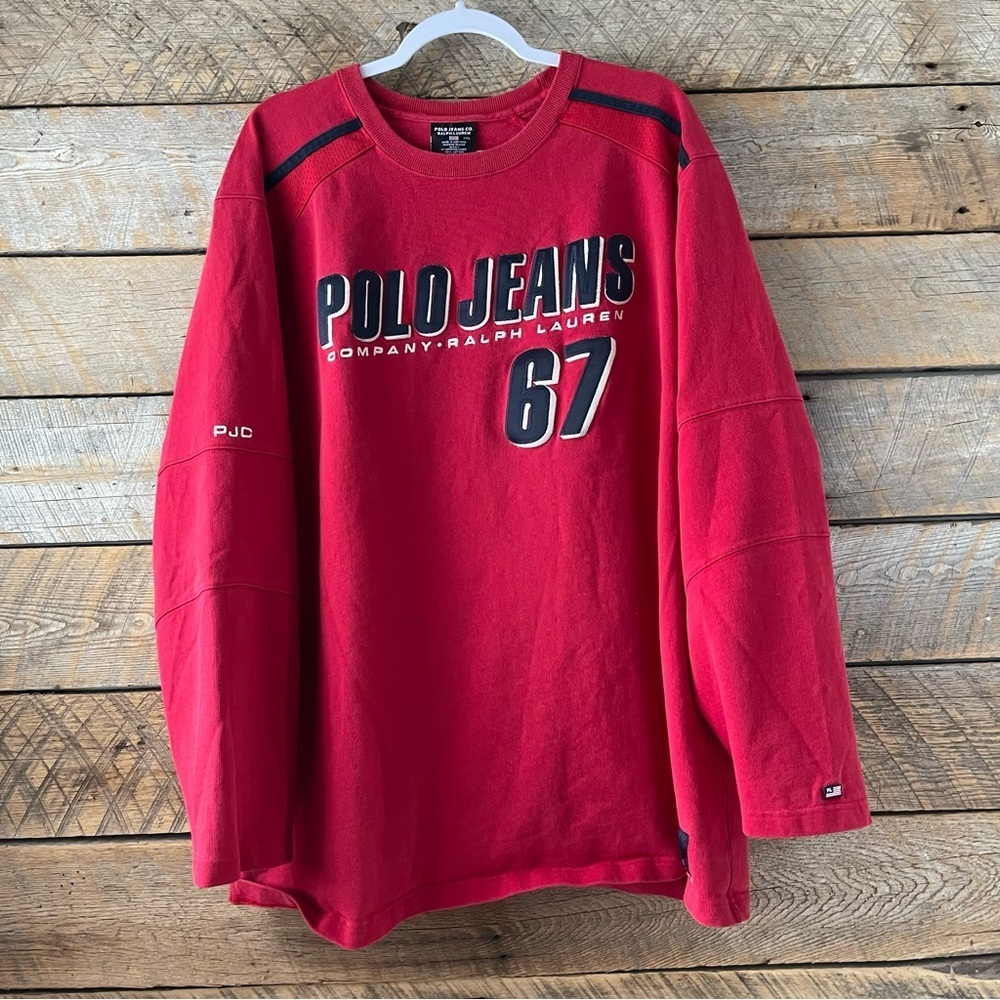 VTG 90s Polo Jeans Ralph Lauren Spellout Pull Over Sweatshirt Mens XXL USA Flag